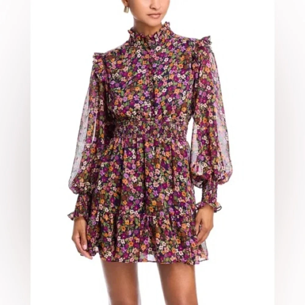 Aqua Multicolor Floral Long Sleeve Ruffled Mini Smocked Dress Exclusive Small